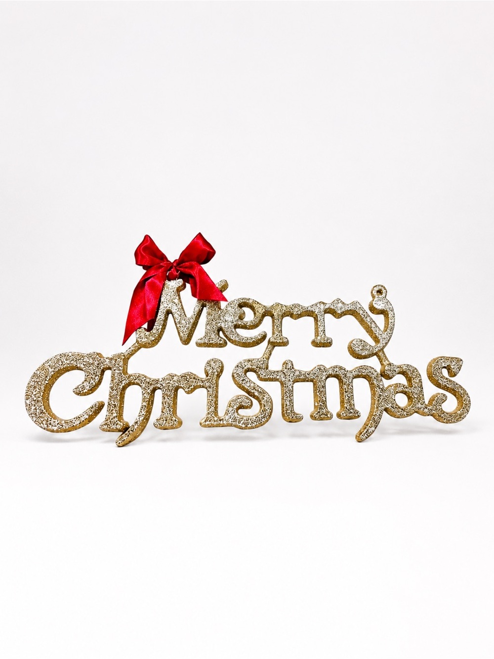 Vintage Gold Glitter Merry Christmas Sign Red Bow Holiday Decor